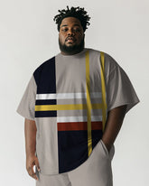 Men's Plus Size Daily Casual Khaki Striped Print Short Sleeve T-Shirt Shorts Suit